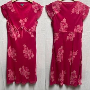 VTG Ann Taylor Bright Pink Floral Silk Mini Dress Size 6P Velvet Y2K V Neck